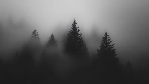 Coniferous Forest Silhouettes in Dense Fog.