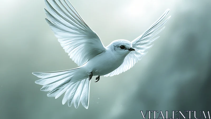 Elegant White Bird in Flight with Soft Light, Realistic Style.