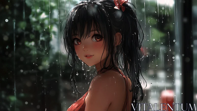 Rain-soaked girl in backlit anime portrait with bokeh highlights.
