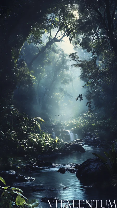 Dense forest canopy with tributary stream beneath filtered light