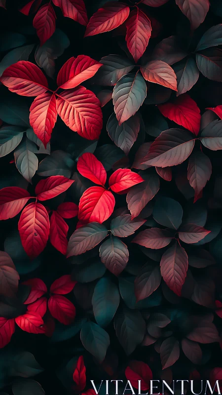 Crimson leaves glow softly against deep teal garden shadows