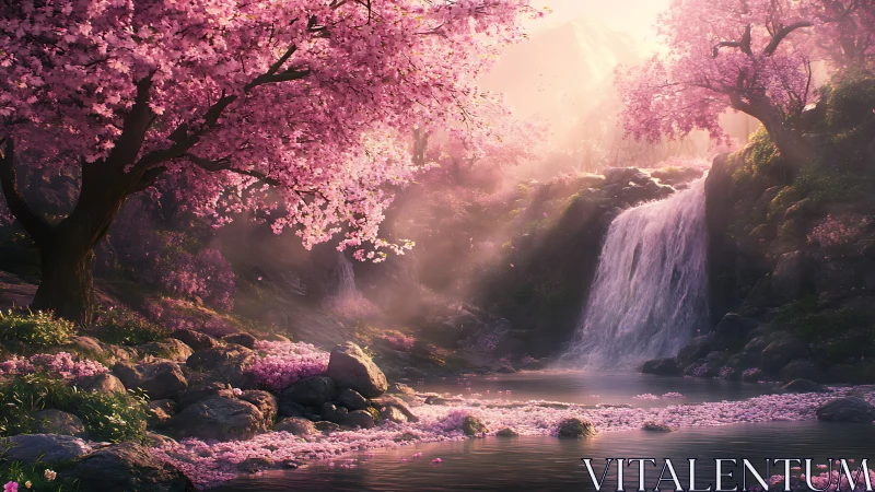 Cherry blossom valley waterfall under golden spring light.
