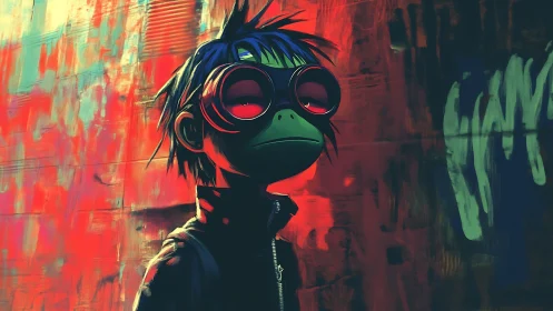 Cartoon frog-faced teen in goggles against neon wall.