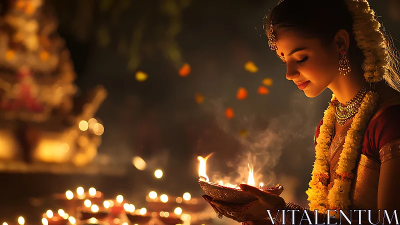 Woman holding festive oil lamp in warm candlelit celebration.