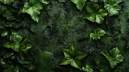 Verdant ivy foliage over mossy textured stone surface.