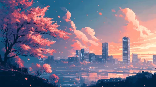 Vibrant cherry tree silhouettes futuristic city at pastel dusk