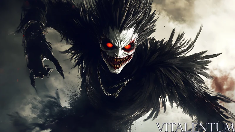 Demonic raven-winged entity lunges through swirling smoke.