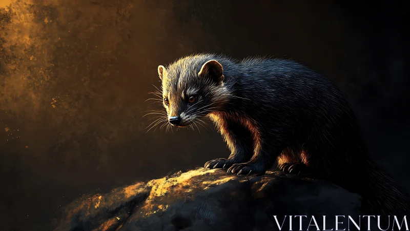 Twilight mustelid sentinel bathed in ember-edged moonlight.