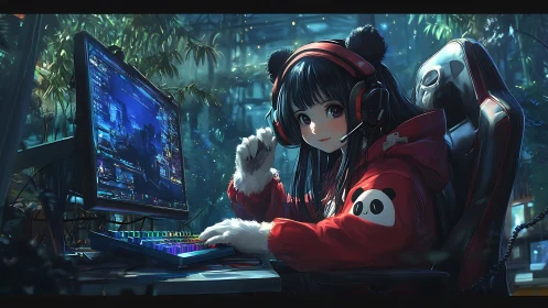 Panda-hoodie gamer streams in a neon jungle studio glow