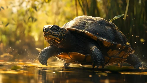 Golden light embraces a gentle turtle crossing a quiet pond