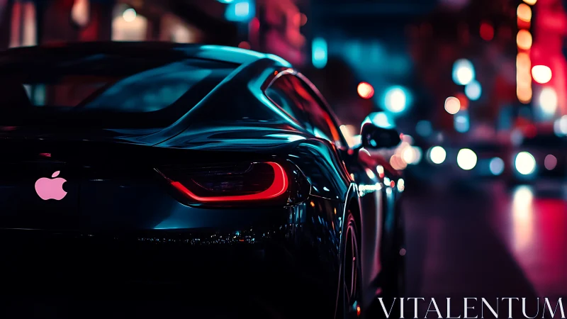 Sleek black sports car with glowing logo in neon city street.