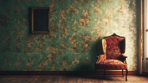Vintage velvet armchair beside ornate empty frame in moody light