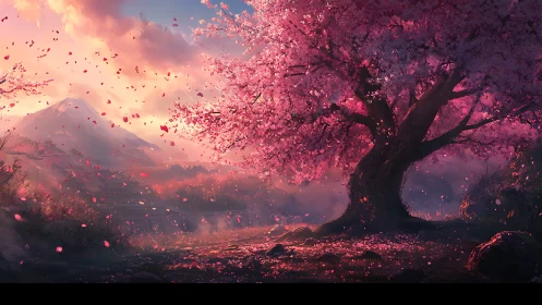 Radiant cherry blossom tree before misty mountain sunset.