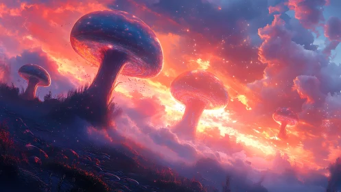 Colossal luminous mushrooms rise through molten sunset sky.