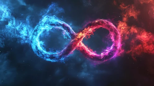 Fiery blue and red infinity loop forms within dark space