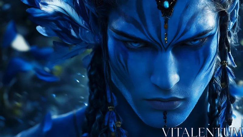 Intense blue warrior portrait with jeweled tribal adornment.