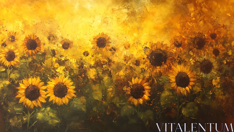 Radiant sunflower field in expressive golden impasto light.