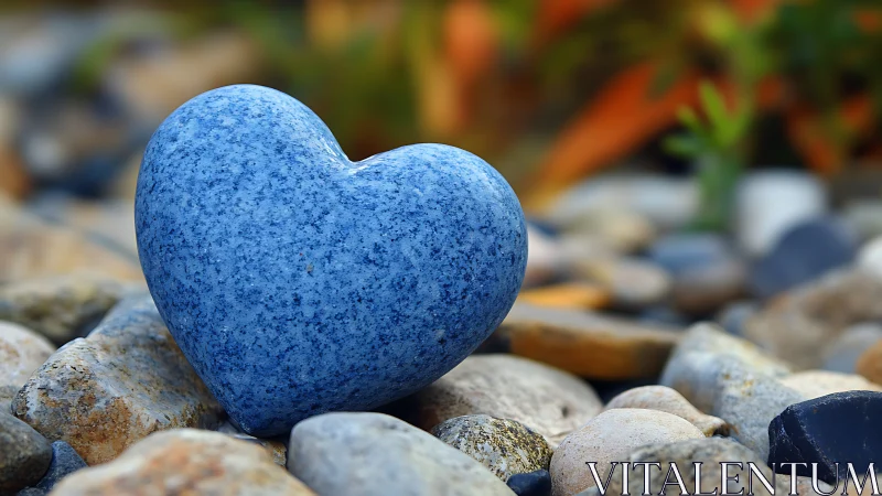 Blue Heart Stone Resting Among Natural Pebbles.