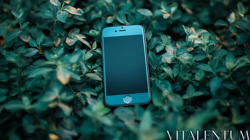 Modern Smartphone Nestled Among Lush Green Foliage and Natural Textures.