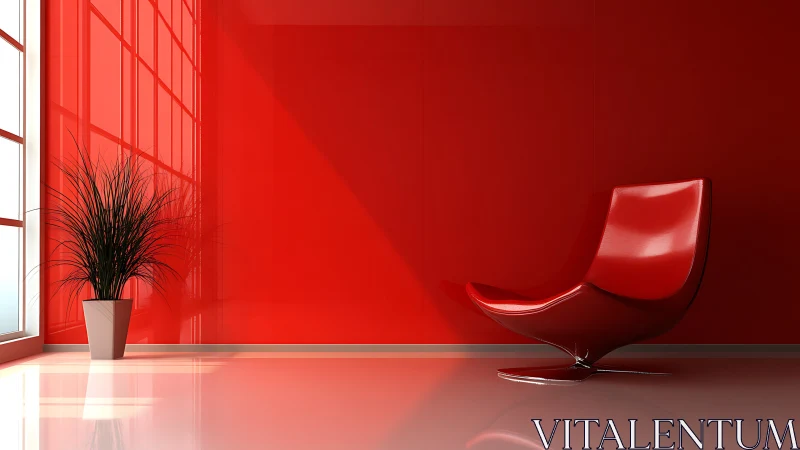 Red minimalist interior with chair and potted plant wall scene.