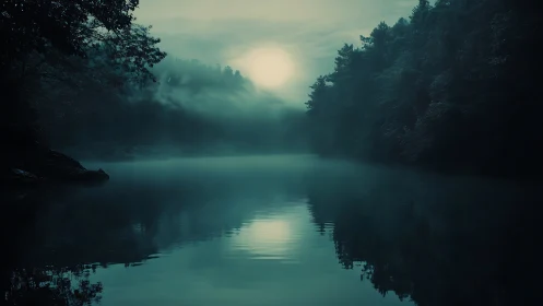 Foggy forest lake reflects bright overcast sky at dusk