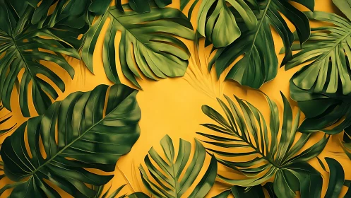 Green tropical foliage overlaps against uniform yellow background