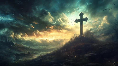 Lone hilltop cross cuts stormlit sky over glowing valley