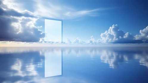 Rectilinear sky portal over specular oceanic cloudscape.