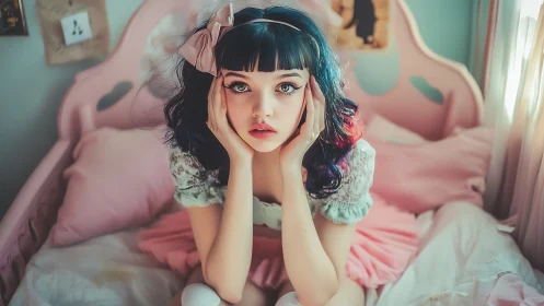 Pastel daydreamer perched on a cotton-candy bedroom throne.