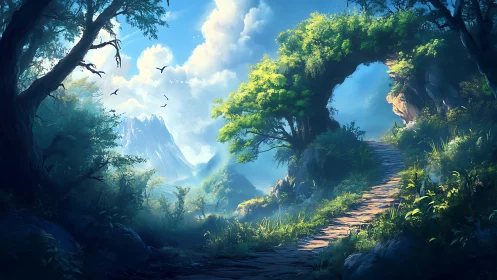 Fantasy Valley Canyon Path Through Luminous Forest