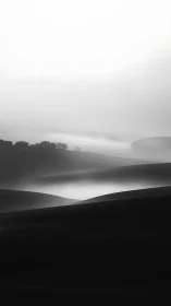 Monochrome hills veiled in luminous morning fogscape.