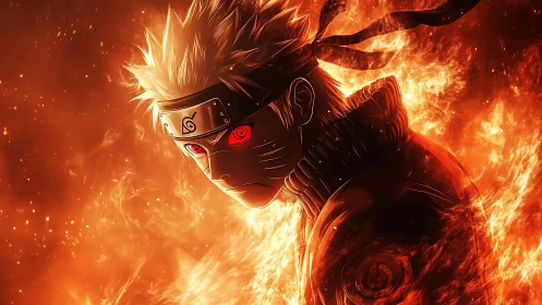 Fiery anime ninja portrait with glowing red eyes and headband