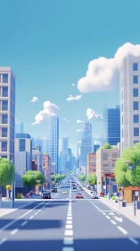 Bright stylized city street with tall buildings and traffic.