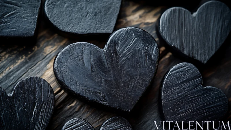 Carved wooden heart forms with weathered texture detail on dark rustic surface