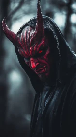 Horned red demon in hooded cloak glares through the fog.