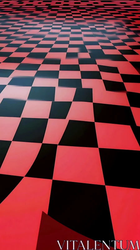 Curved red and black checkerboard grid recedes into depth