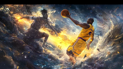 Dynamic basketball duel in stormy cosmic ocean landscape