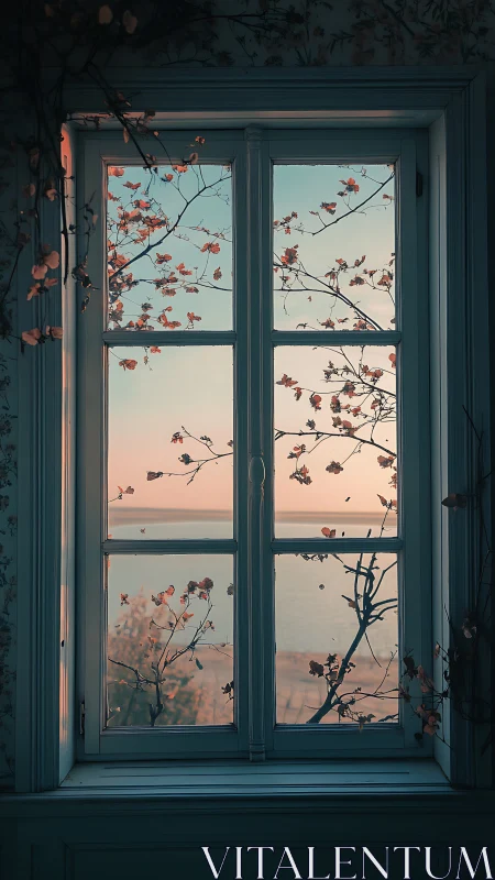 Sunset sea view framed by vintage window and blossoms.