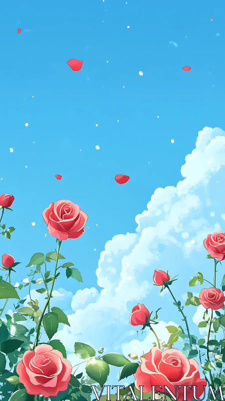Roses reach toward a clear blue sky as petals drift softly.
