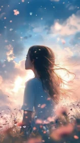 Girl stands in a glowing flower field beneath dreamy skies
