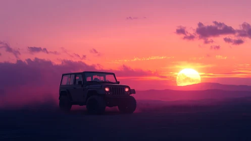 Sunset adventure jeep rolls through glowing desert dusk
