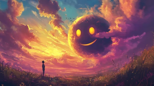 Smiling celestial sphere over child in vivid sunset field.