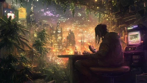 Neon jungle hacker brews code potions above glittering city