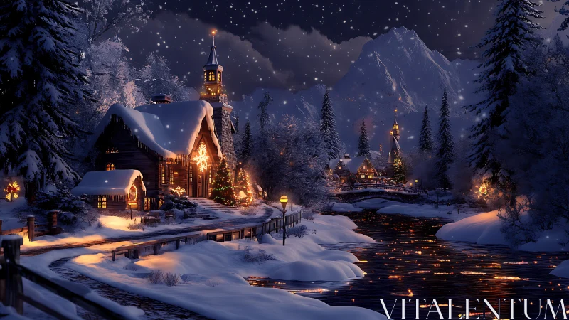 Snowy mountain village glows under starry winter night sky