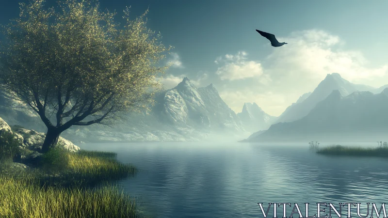 Serene alpine lake with misted peaks and lone soaring bird