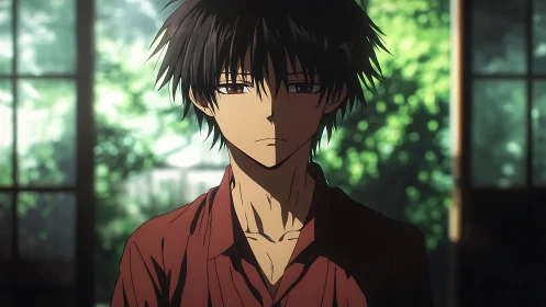 Pensive anime boy in shadowed room with window light.