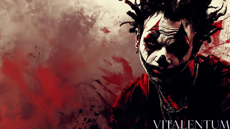 Clown-makeup portrait with red abstract textured backdrop.