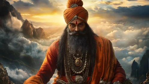 Mystic Himalayan sage in saffron robes, jeweled ornaments, sunrise