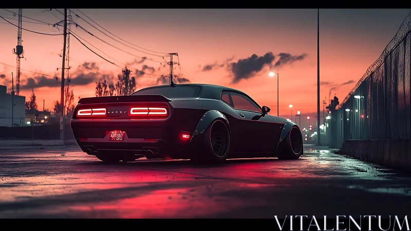 Neon dusk muscle car broods over rainwashed city asphalt.