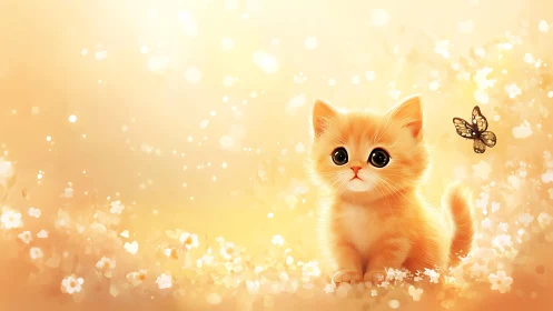 Fluffy Orange Kitten with Soft Focus Bokeh and Butterfly Companion